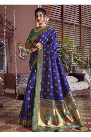 Dark Blue & Green Silk Saree